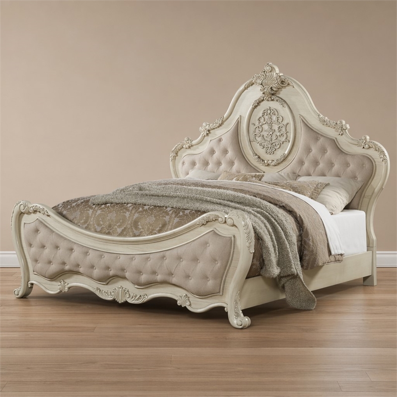 Bowery Hill Queen Bed in Beige Linen and Antique White