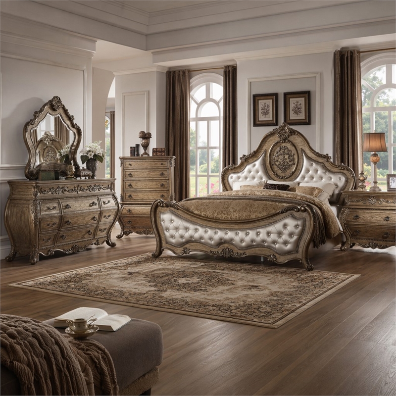 Bowery Hill Queen Bed in Synthetic Leather and Vintage Oak