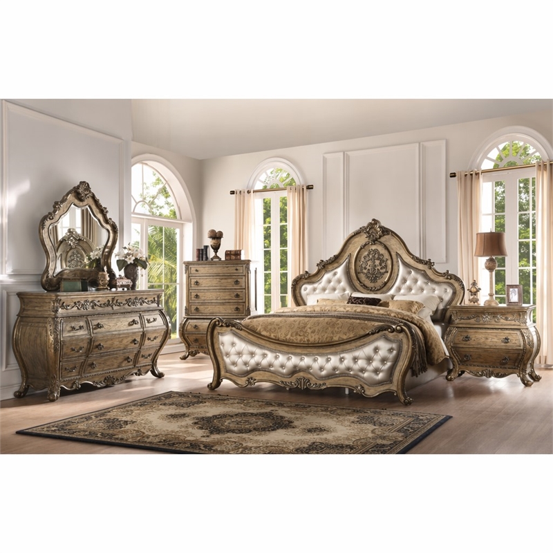 Bowery Hill Queen Bed in Synthetic Leather and Vintage Oak