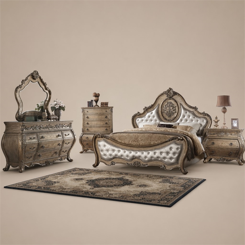 Bowery Hill Queen Bed in Synthetic Leather and Vintage Oak