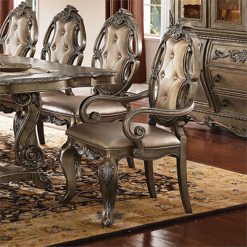 Bowery Hill Faux Leather Dining Arm Chairs Set of 2 in Vintage Oak