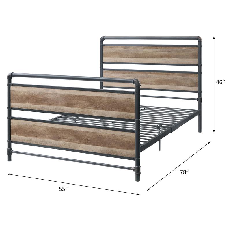 Bowery Hill Metal Full Bed with Wooden Headboard in Antique Oak and Gray