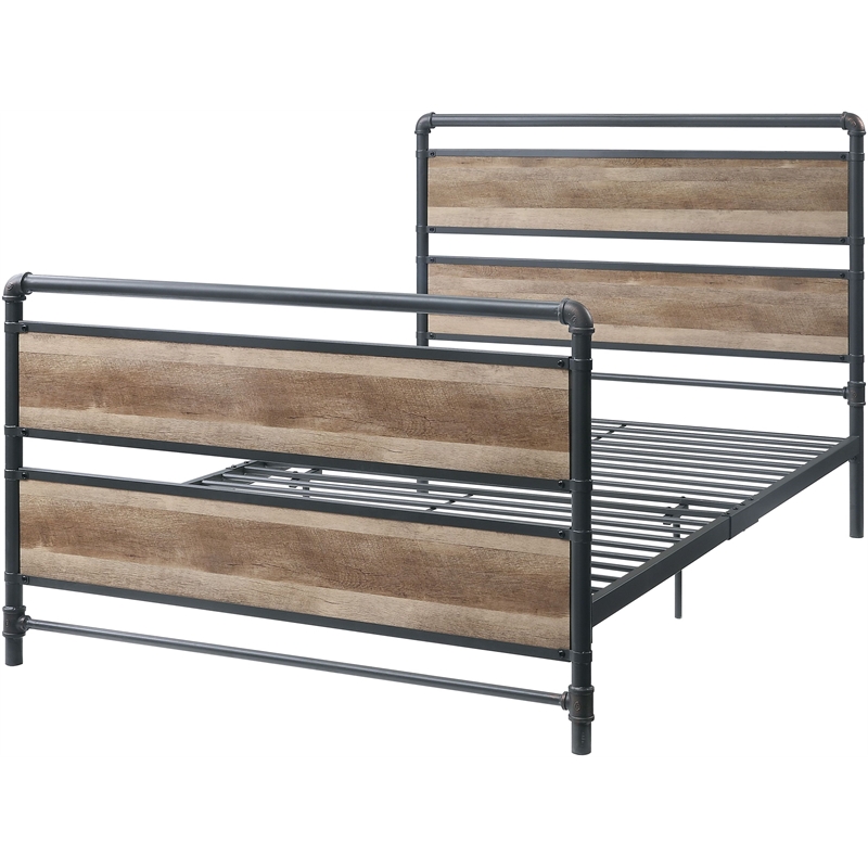 Bowery Hill Metal Full Bed with Wooden Headboard in Antique Oak and Gray