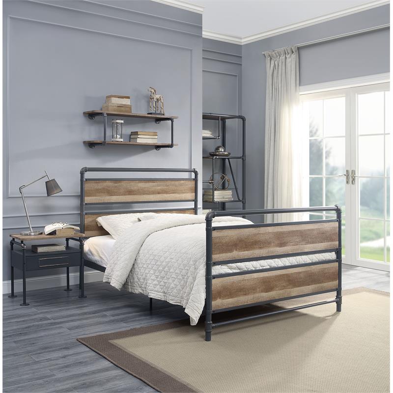Bowery Hill Metal Full Bed with Wooden Headboard in Antique Oak and Gray