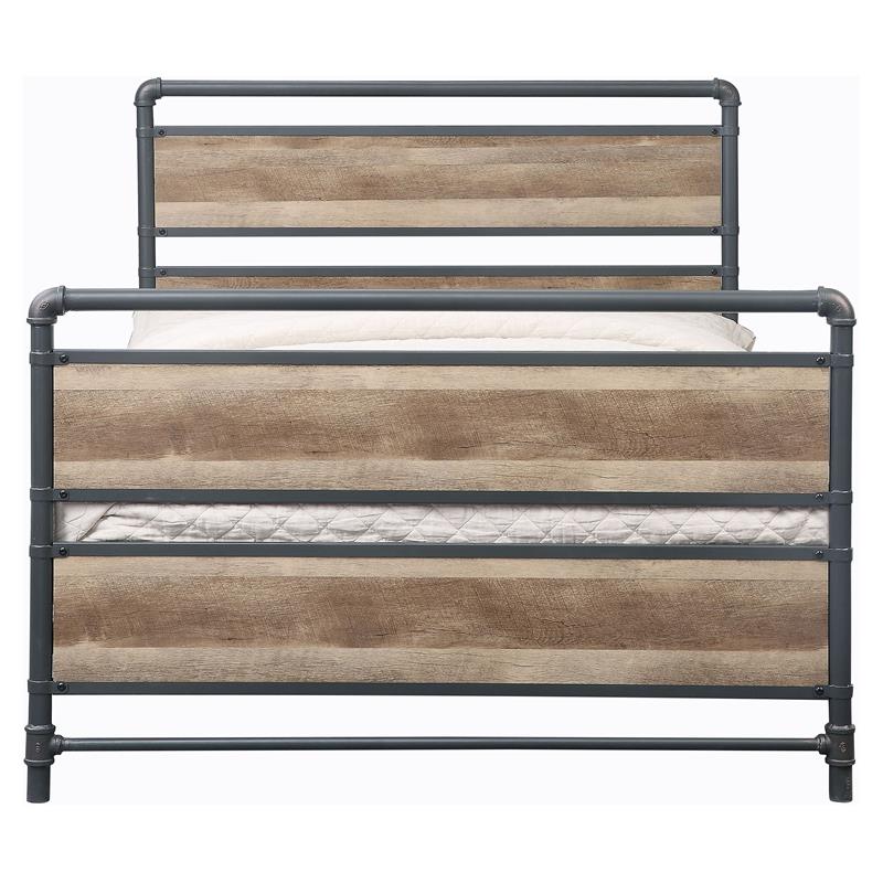 Bowery Hill Metal Full Bed with Wooden Headboard in Antique Oak and Gray