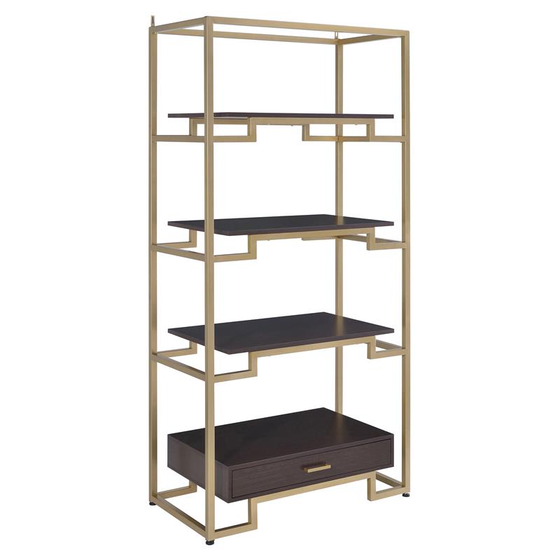 Bowery Hill Gold Etagere Bookshelf with 4 Shelves and 1 Drawer