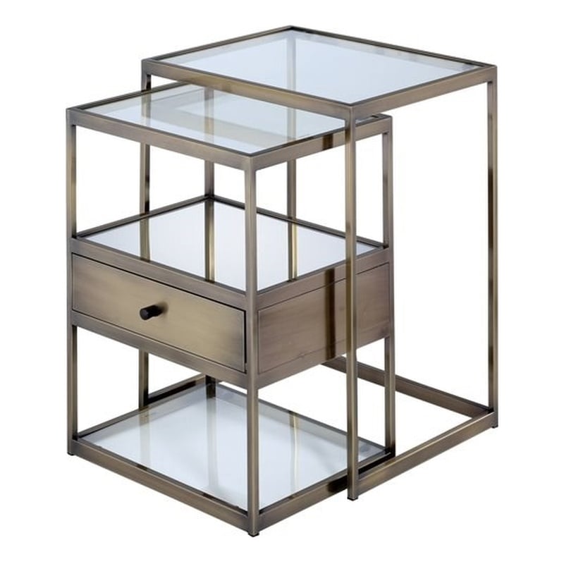 Bowery Hill 2-Piece Glass Nesting Table in Antique Brass Finish