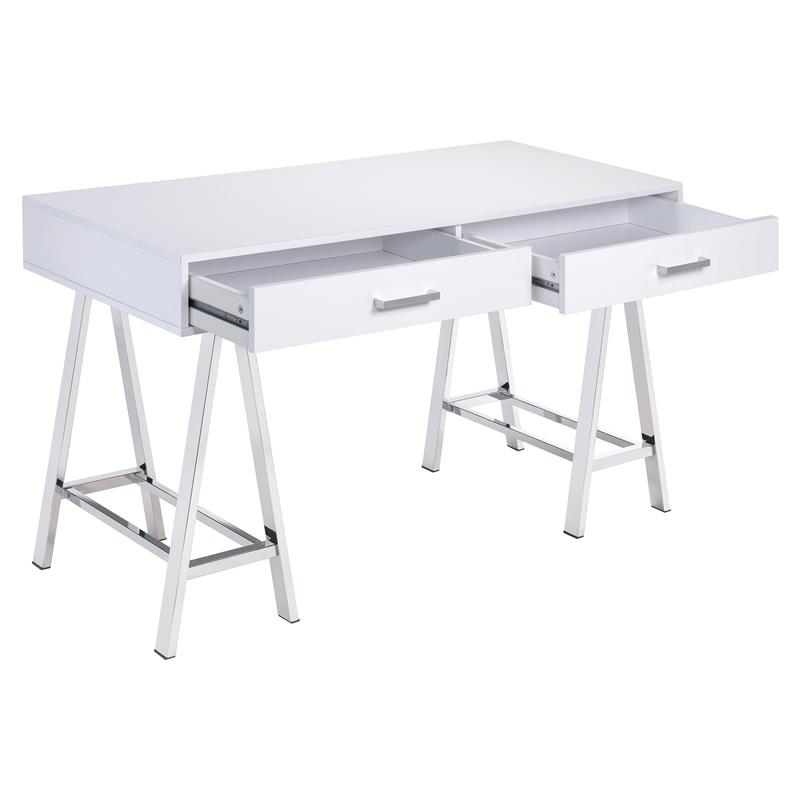 Bowery Hill Writing Desk with USB Port in White High Gloss and Chrome