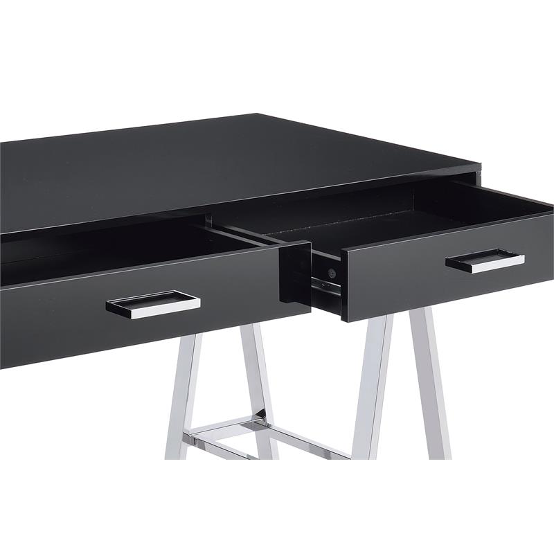 Bowery Hill Writing Desk with USB Port in Black High Gloss and Chrome