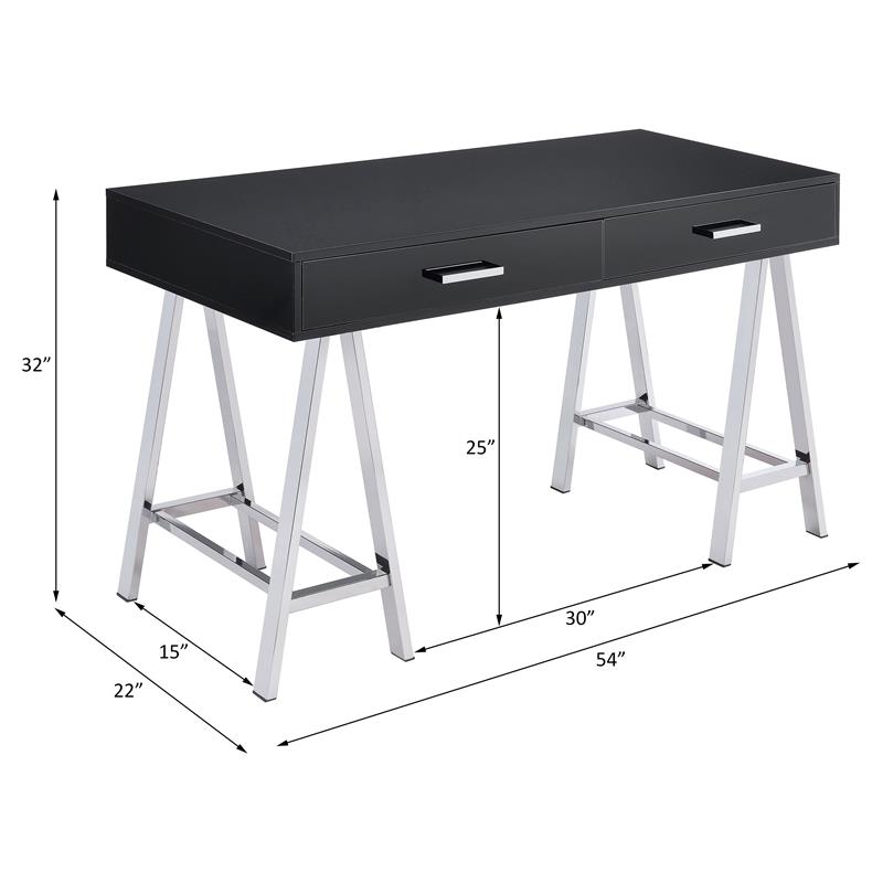 Bowery Hill Writing Desk with USB Port in Black High Gloss and Chrome