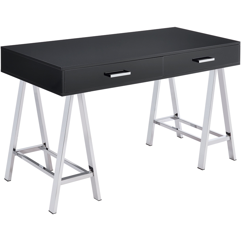 Bowery Hill Writing Desk with USB Port in Black High Gloss and Chrome