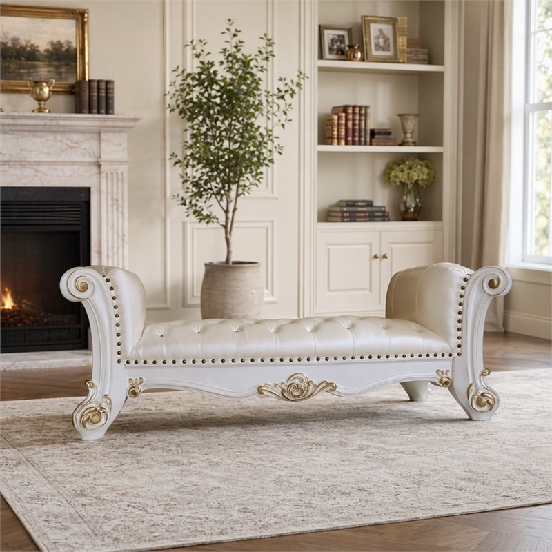 Bowery Hill Tufted Upholstered Bench with Wood Frame in Antique Pearl Finish