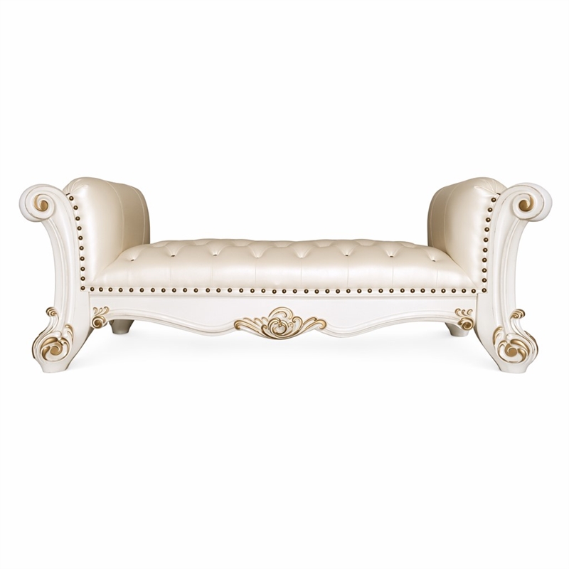 Bowery Hill Tufted Upholstered Bench with Wood Frame in Antique Pearl Finish