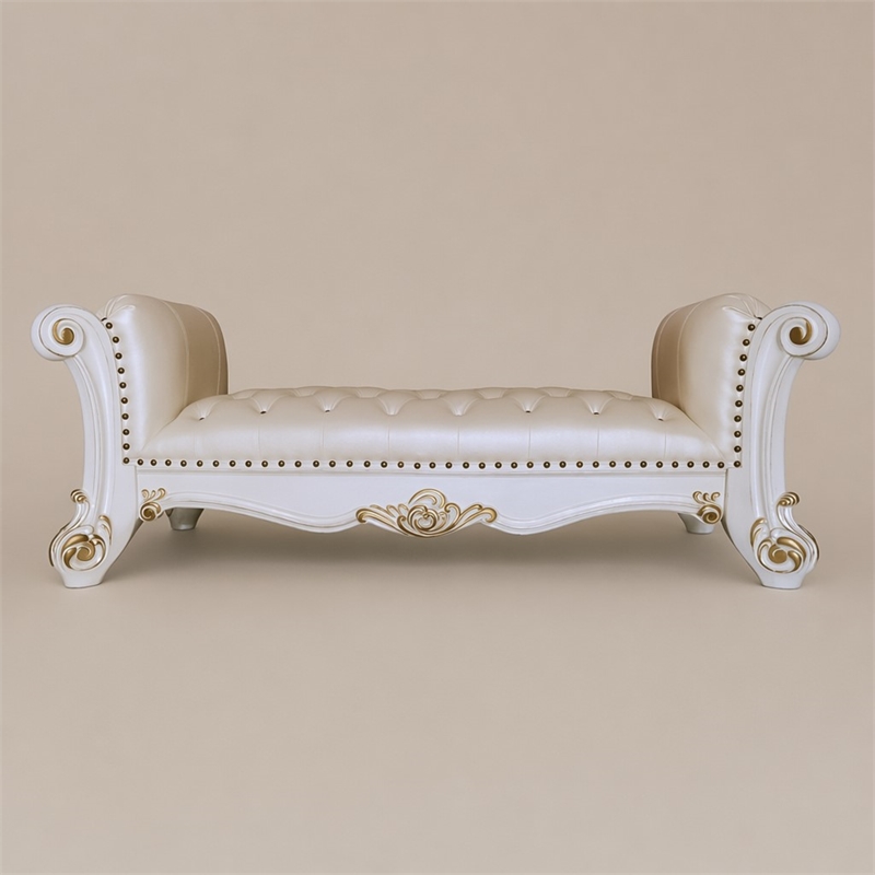Bowery Hill Tufted Upholstered Bench with Wood Frame in Antique Pearl Finish