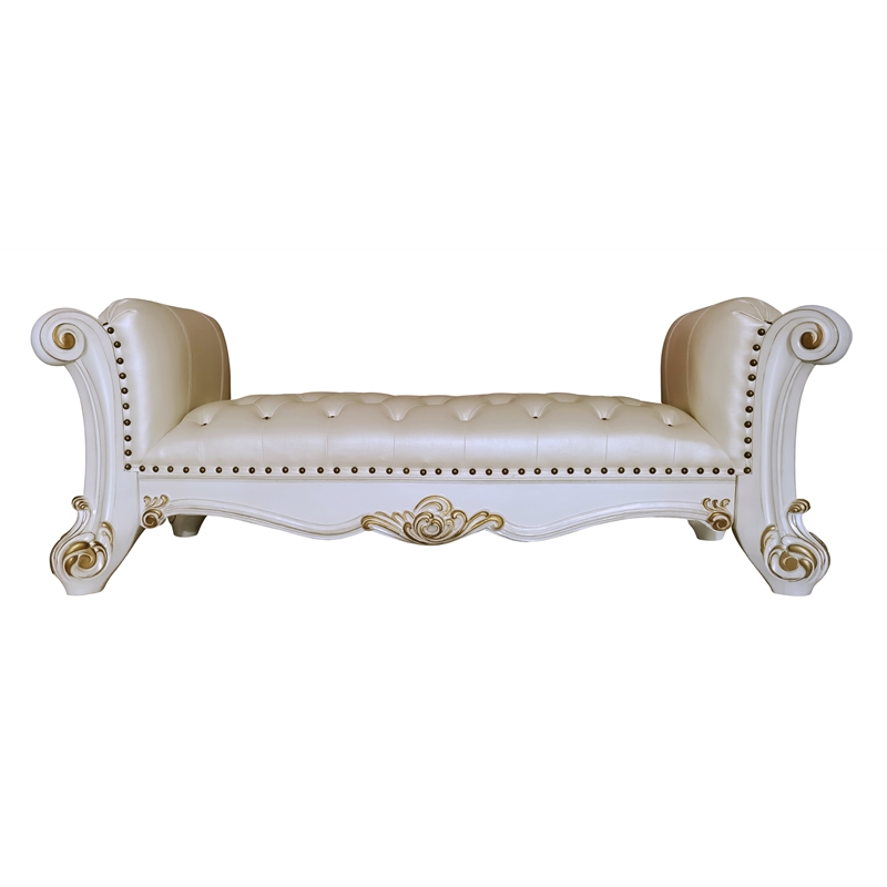 Bowery Hill Tufted Upholstered Bench with Wood Frame in Antique Pearl Finish