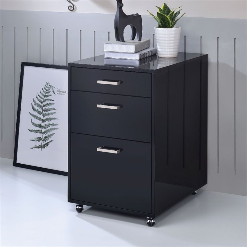 Bowery Hill Rectangular 3-Drawer Mobile File Cabinet in Glossy Black Wood