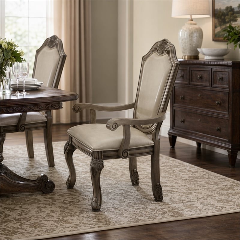 Bowery Hill Arm Chair Set of 2 in Synthetic Leather and Antique White