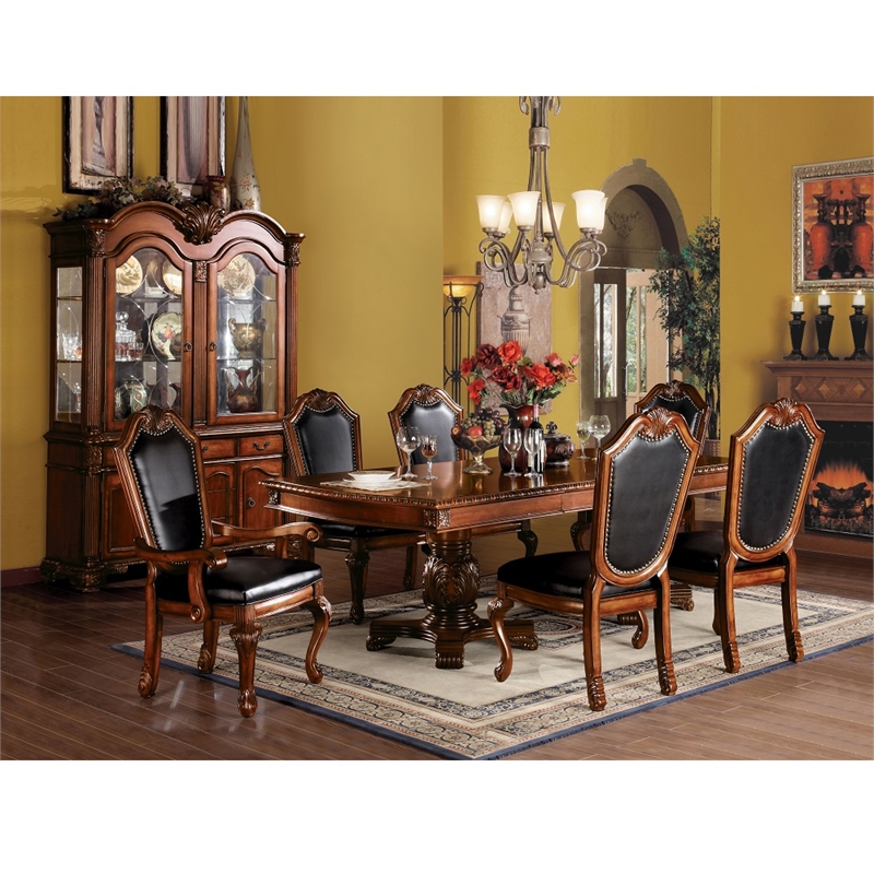 Bowery Hill Side Chair Set of 2 with Black Synthetic Leather and Cherry Finish