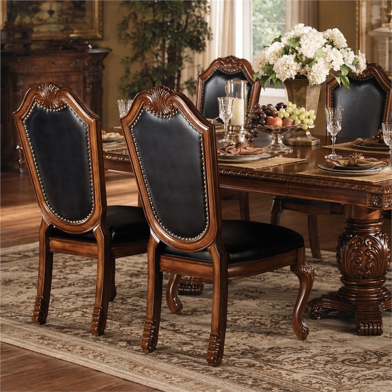 Bowery Hill Side Chair Set of 2 with Black Synthetic Leather and Cherry Finish