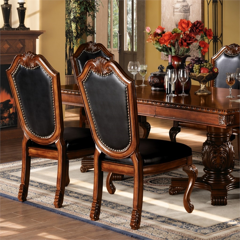 Bowery Hill Side Chair Set of 2 with Black Synthetic Leather and Cherry Finish