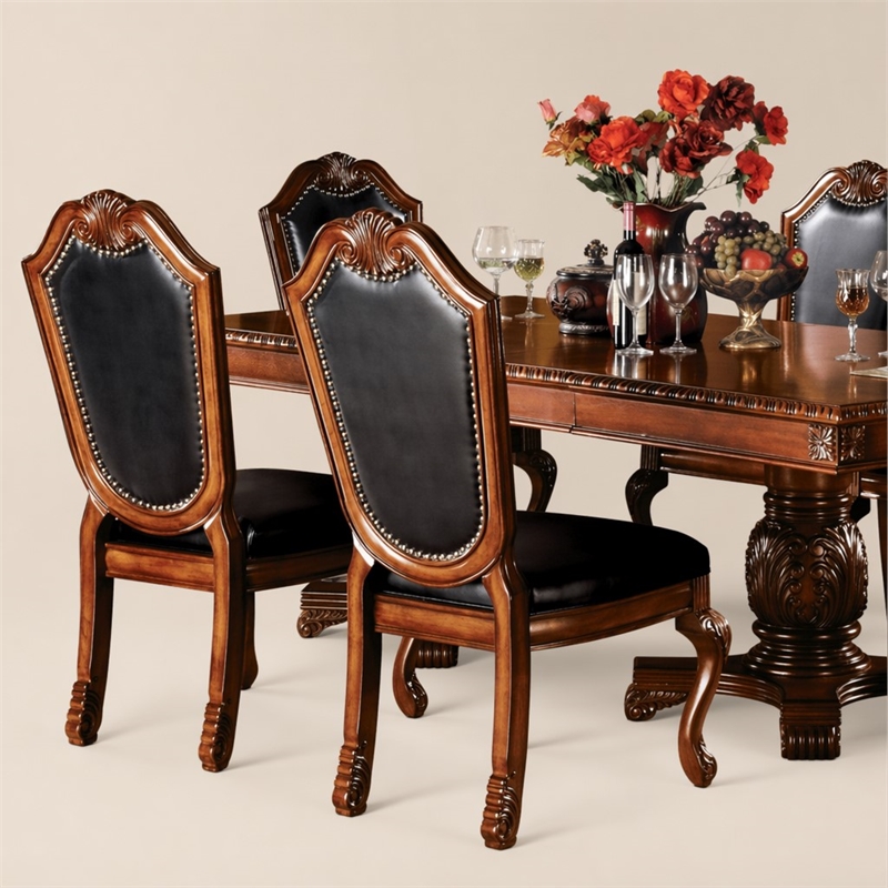 Bowery Hill Side Chair Set of 2 with Black Synthetic Leather and Cherry Finish