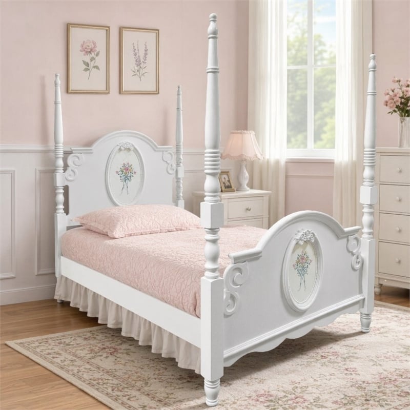 Bowery Hill Contemporary Wooden Twin Poster Bed in White