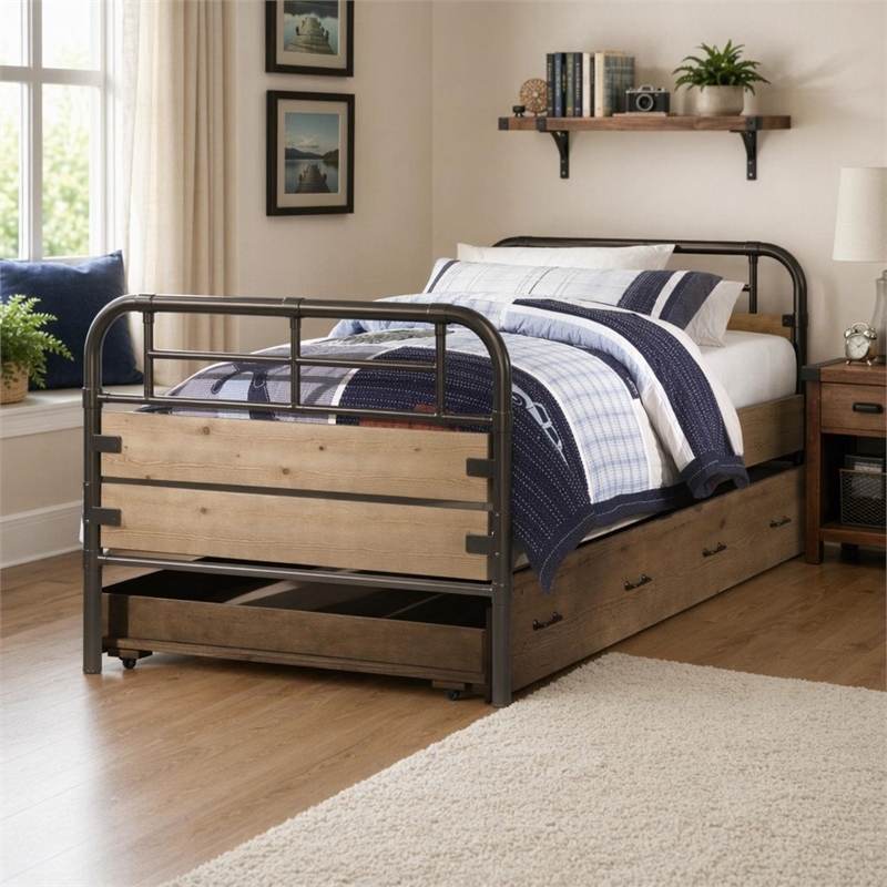 Bowery Hill Wood Twin Trundle Bed with 4 Caster Wheels in Antique Oak