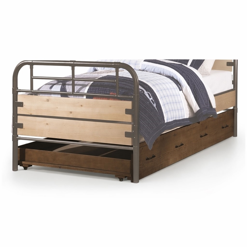 Bowery Hill Wood Twin Trundle Bed with 4 Caster Wheels in Antique Oak
