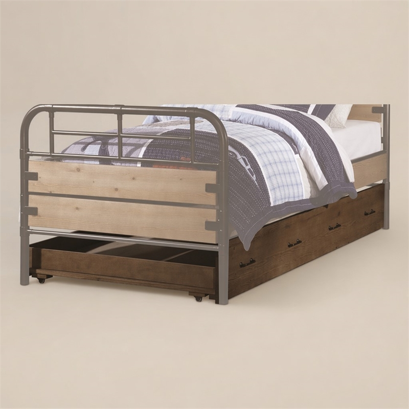 Bowery Hill Wood Twin Trundle Bed with 4 Caster Wheels in Antique Oak