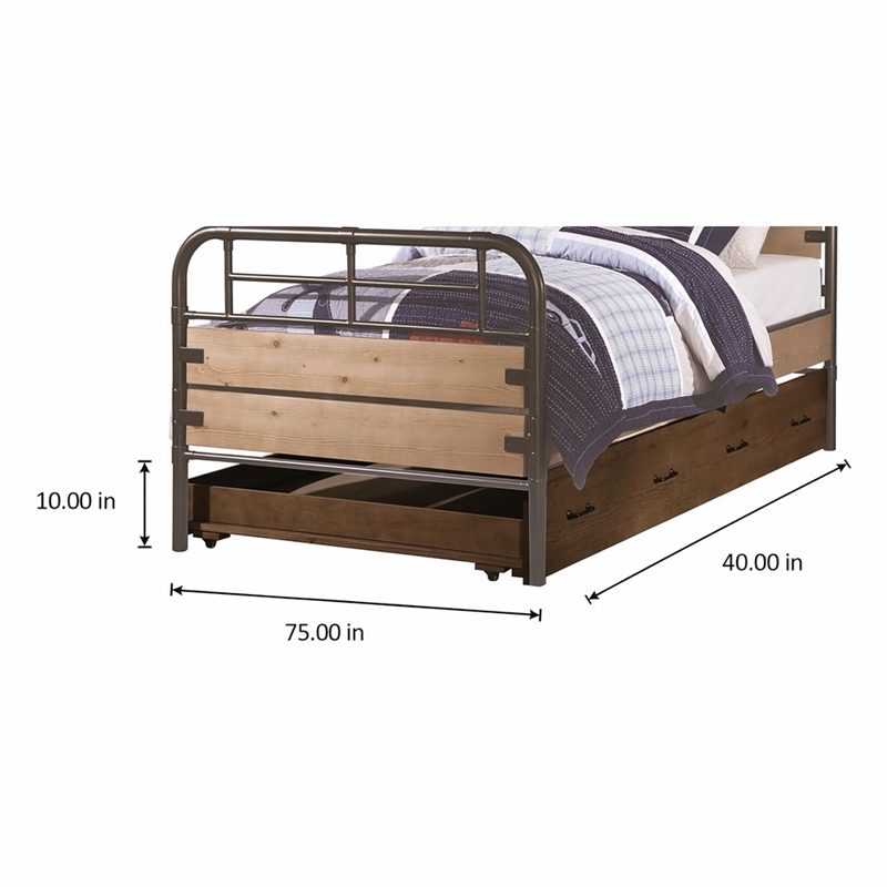 Bowery Hill Wood Twin Trundle Bed with 4 Caster Wheels in Antique Oak