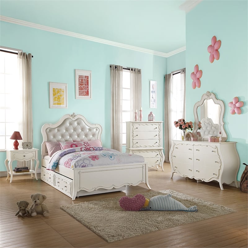 Bowery Hill Full Bed with Tufted Synthetic Leather Headboard in Pearl White