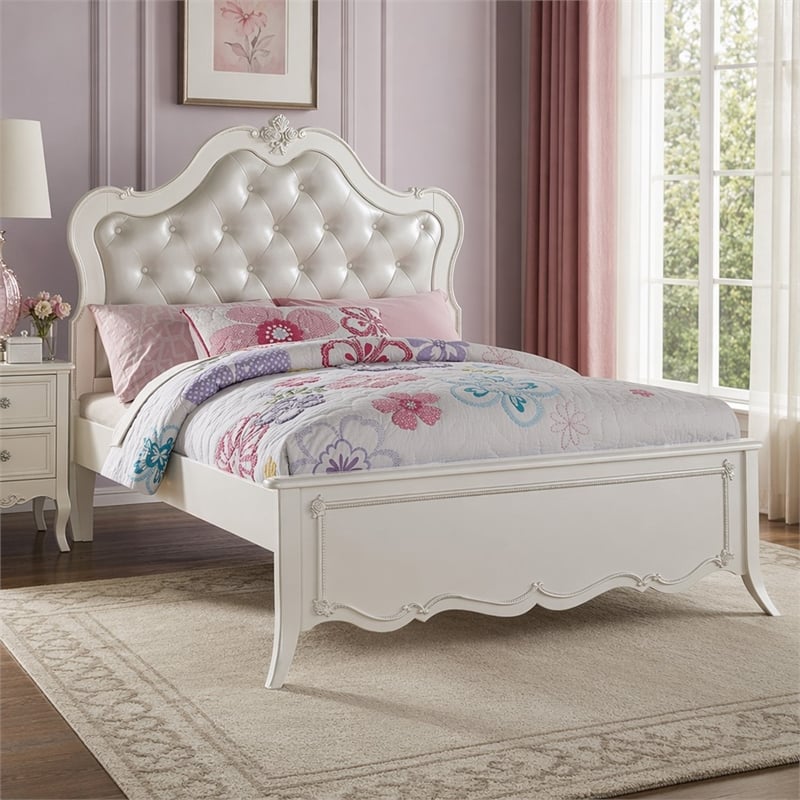 Bowery Hill Full Bed with Tufted Synthetic Leather Headboard in Pearl White