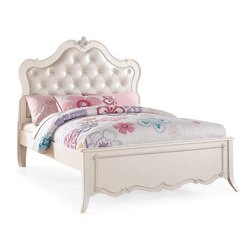 Bowery Hill Full Bed with Tufted Synthetic Leather Headboard in Pearl White