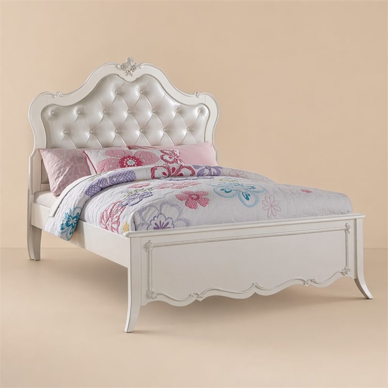 Bowery Hill Full Bed with Tufted Synthetic Leather Headboard in Pearl White