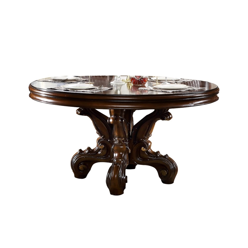 Bowery Hill Round Dining Table with Decorative Base in Cherry Finish