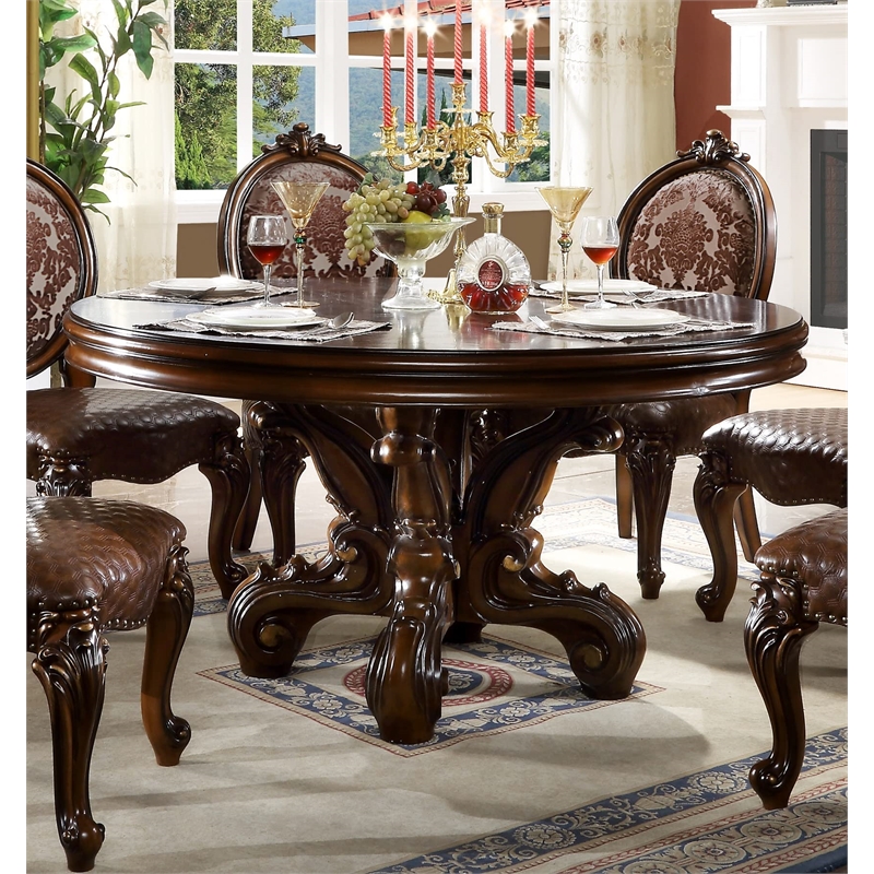 Bowery Hill Round Dining Table with Decorative Base in Cherry Finish