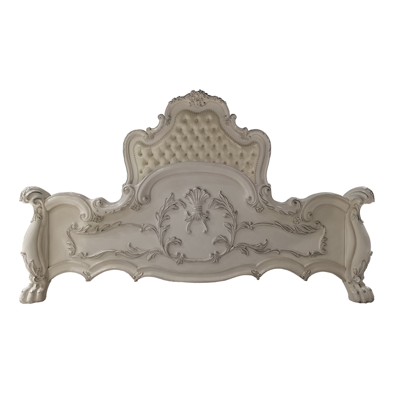 Bowery Hill Eastern King Wooden Bed with Faux Leather in Bone White