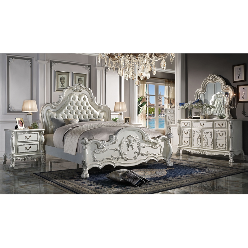 Bowery Hill California King Wooden Bed with Faux Leather in Bone White