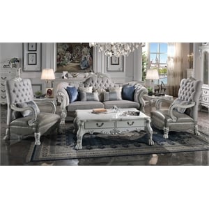 Bowery Hill Leather Upholstered Sofa with 7 Pillows in Bone White