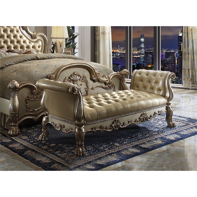 Bowery Hill Upholstered Bench with Synthetic Leather & Gold Patina Finish
