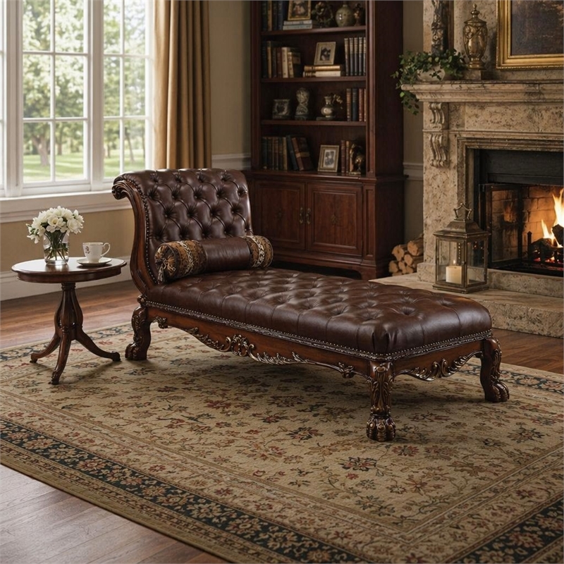 Bowery Hill Upholstered Chaise with Pillow in Leather and Cherry Finish