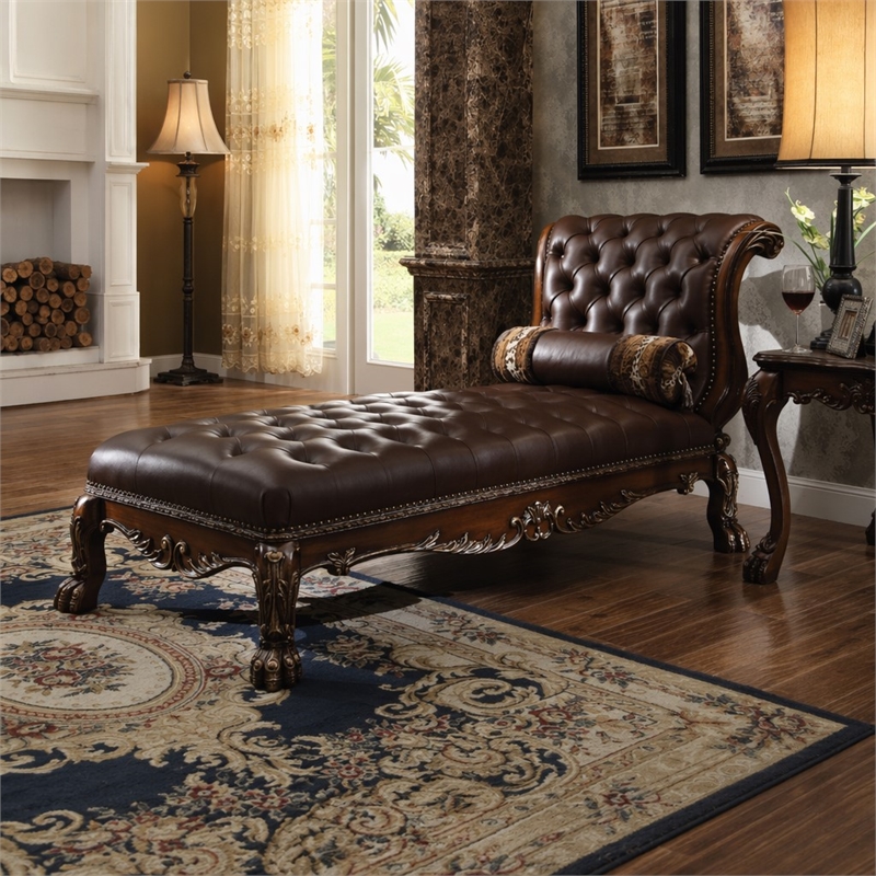 Bowery Hill Upholstered Chaise with Pillow in Leather and Cherry Finish