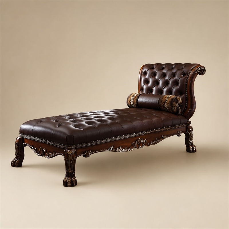 Bowery Hill Upholstered Chaise with Pillow in Leather and Cherry Finish