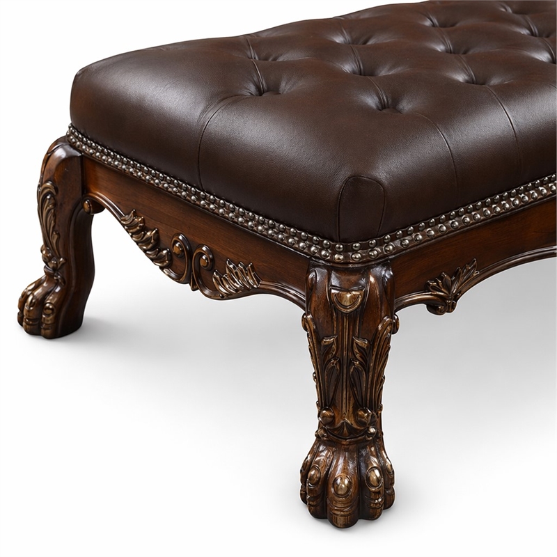 Bowery Hill Upholstered Chaise with Pillow in Leather and Cherry Finish