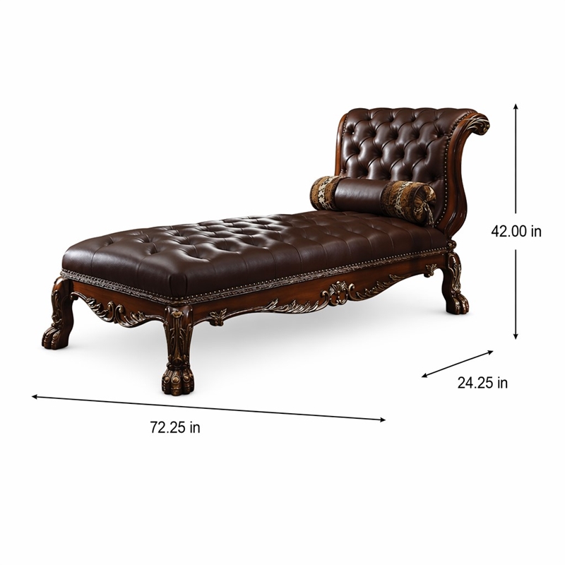 Bowery Hill Upholstered Chaise with Pillow in Leather and Cherry Finish