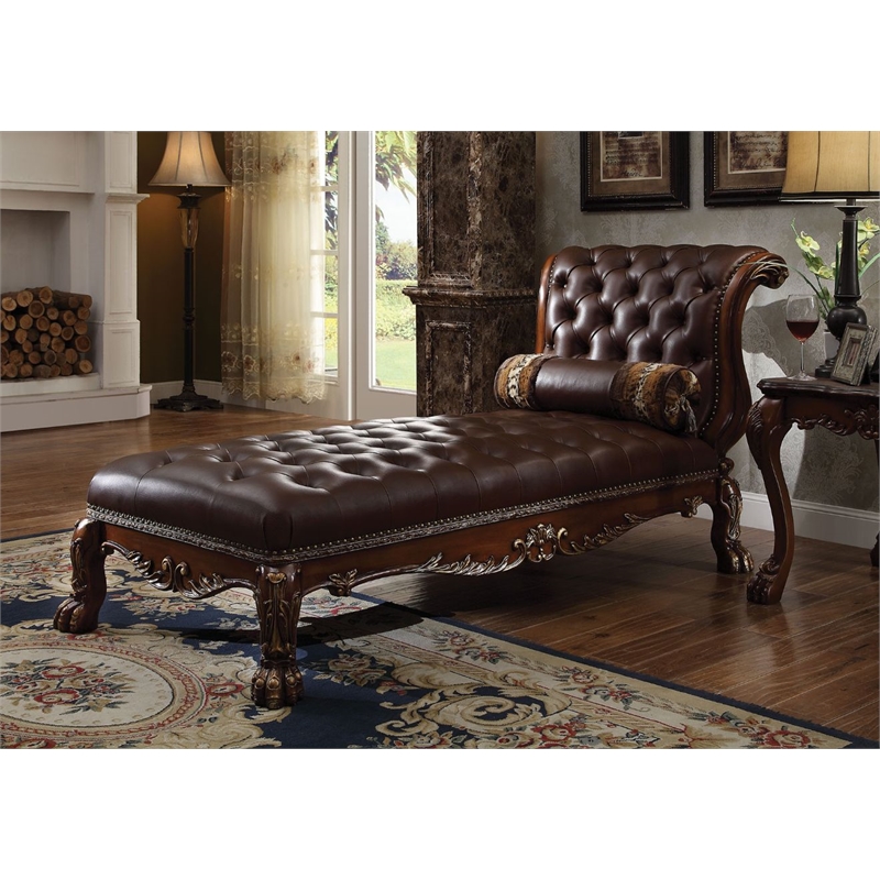 Bowery Hill Upholstered Chaise with Pillow in Leather and Cherry Finish