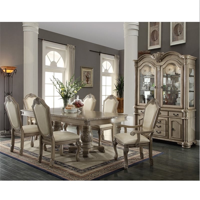 Bowery Hill Antique White Rectangular Double Pedestal Dining Table