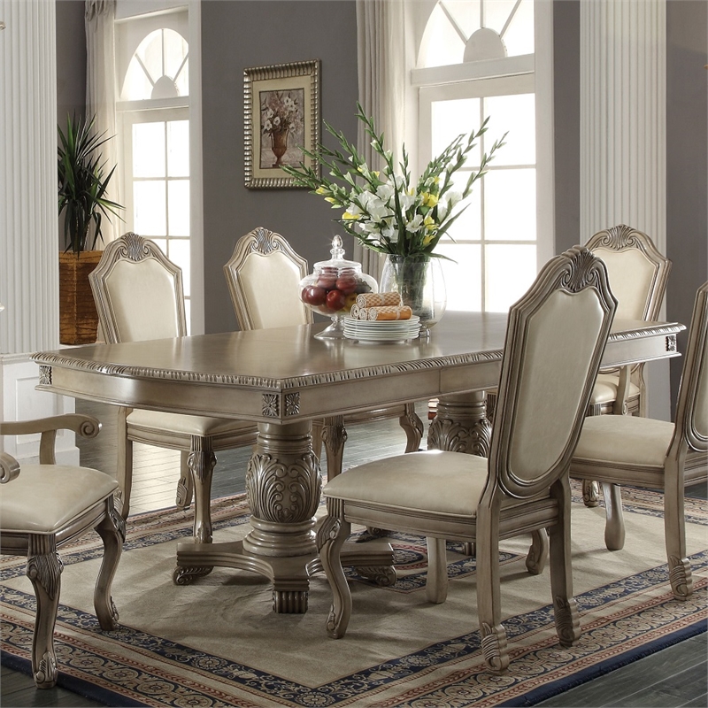 Bowery Hill Antique White Rectangular Double Pedestal Dining Table