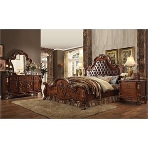 Bowery Hill Queen Panel Bed in Synthetic Leather and Cherry Oak
