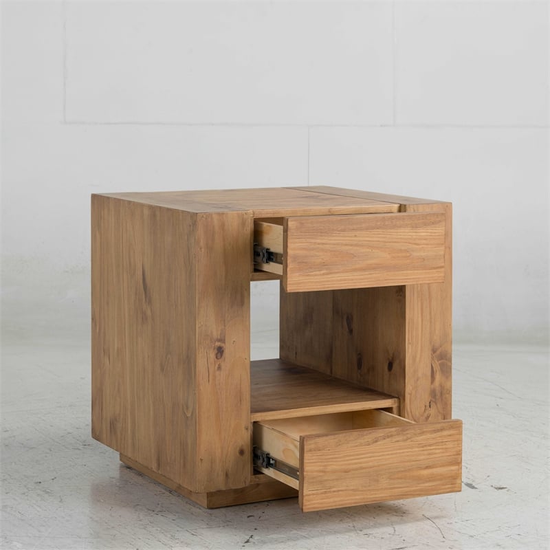 Bowery Hill Contemporary Square End Table with 2 Drawers in Oak